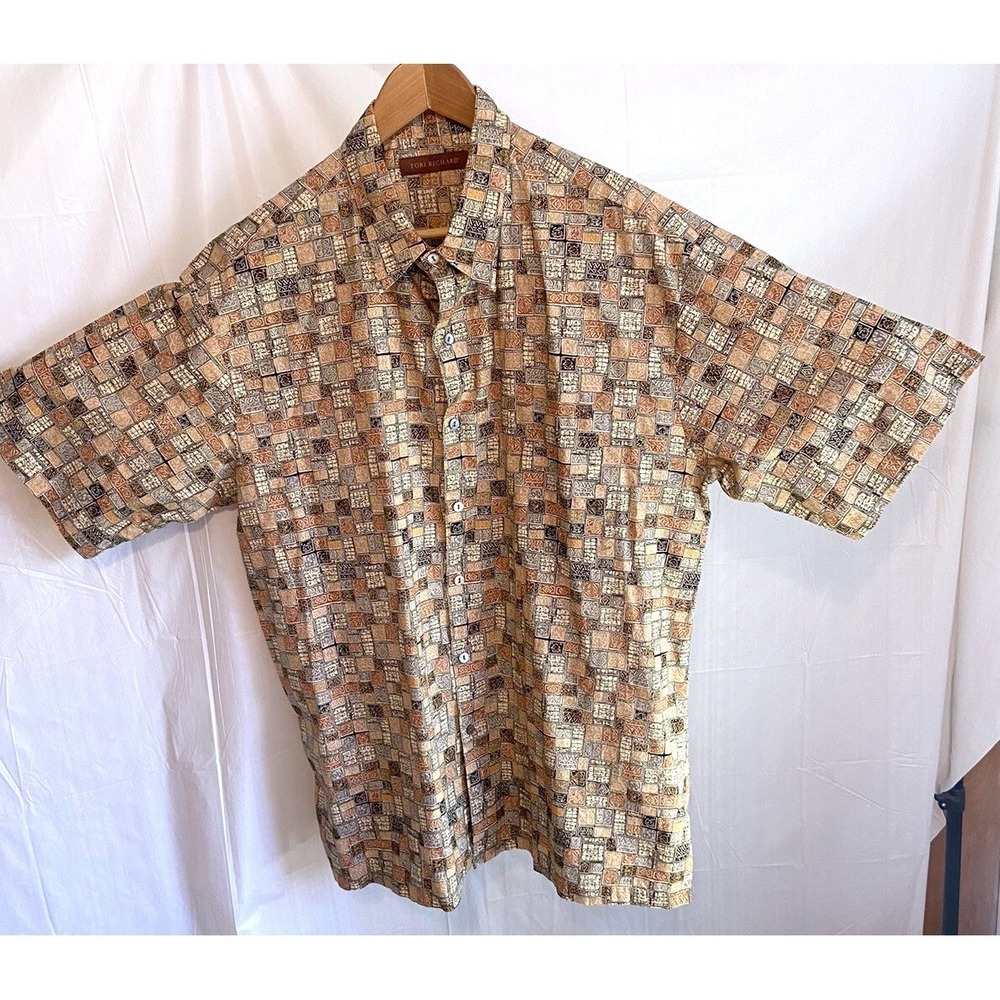 Tori‎ Richard Mens Geometric Tribal Tile Print Short Sleeve Button Up Shirt Tan - Picture 2 of 11